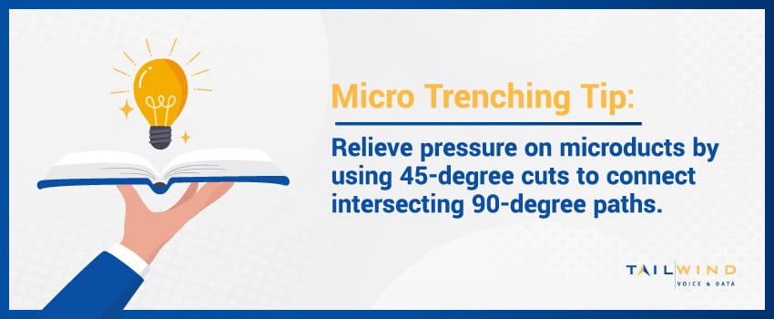 Micro Trenching Tip: Relieve pressure on microducts by using 45-degree cuts to connect intersecting 90-degree paths.